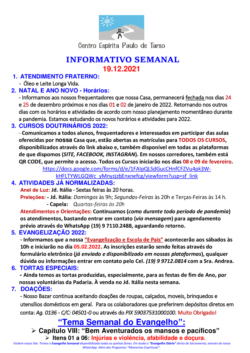 COMUNICADO SEMANAL 19/12/21 COMUNICADO SEMANAL 19/12/21